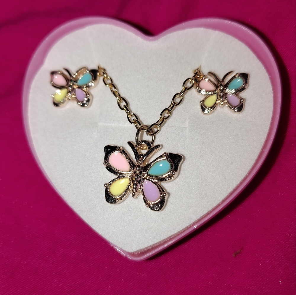 Butterfly Pendant Necklace and Earring Set - Multicolor